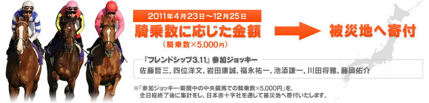 2011年4月23日～12月25日 騎乗数に応じた金額(騎乗数×5000円)を被災地へ寄付